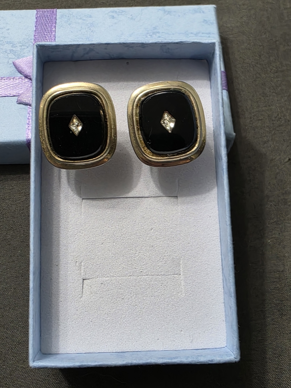 Estate - Gold-Tone Black Cuff Links with White/clear Stone Accent - 539